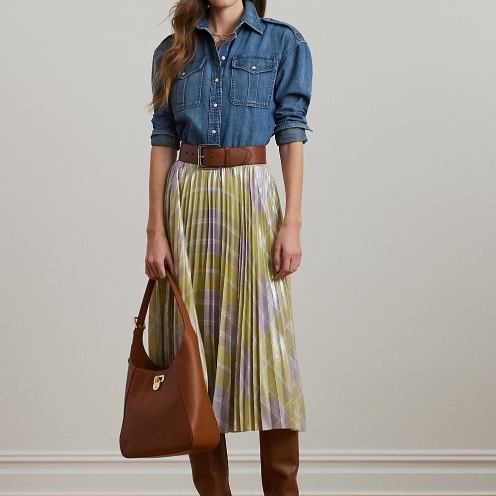 Lauren Ralph Lauren Women's Checked Plaid Pleated Georgette Skirt Green NWT #A1
